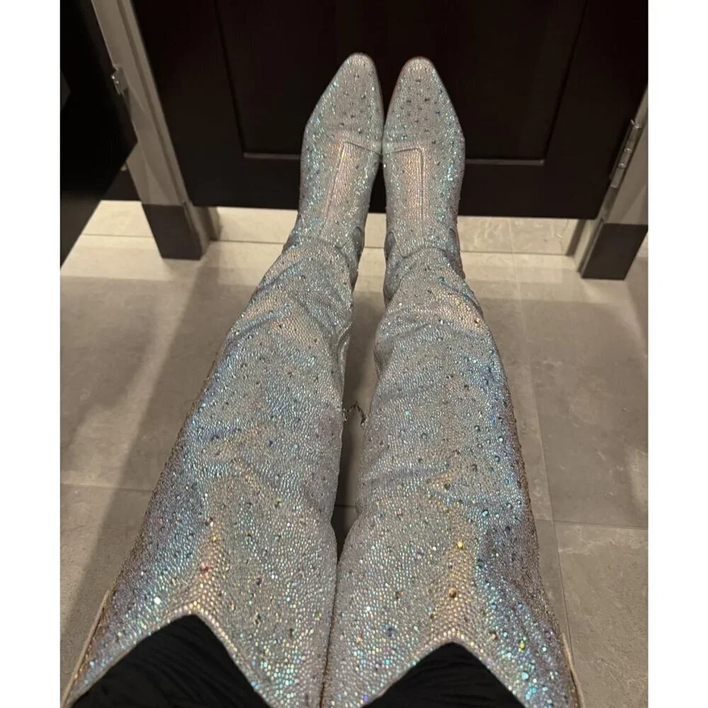 Women's Multicolor  Rhinestone Over The Knee Sparkly Bling Cowgirl Western Boots